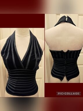 Vtg 90s JS Collection Black Velvet Halter Top w Open Back & Rhinestone Buttons